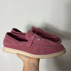 Loro Piana Suede Summer Walk Loafers Pink Charms Flats Size 41